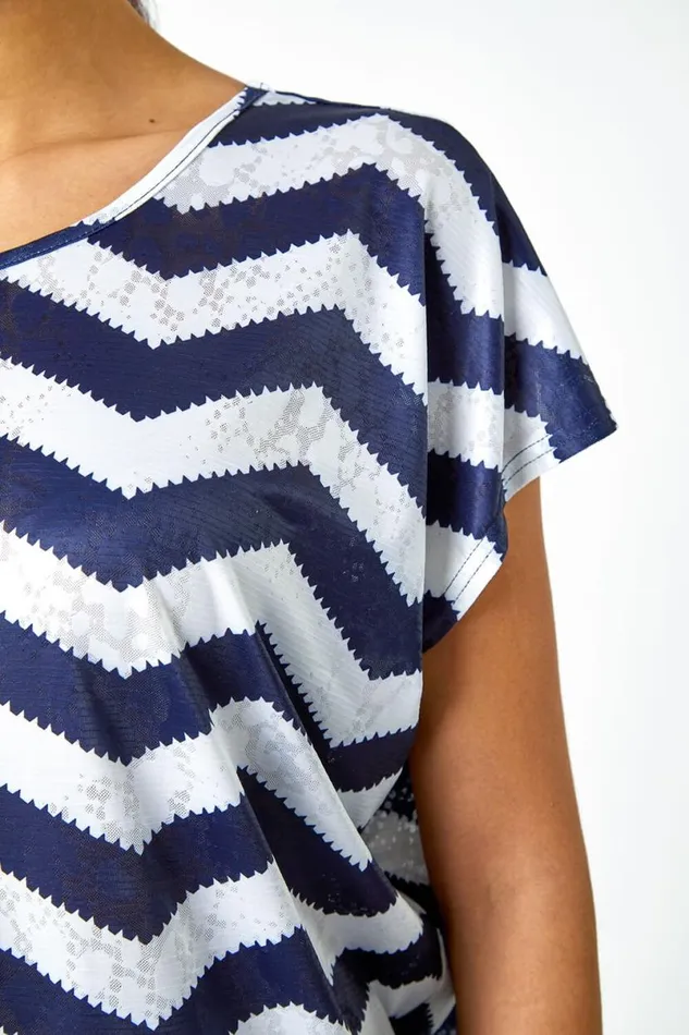 Navy Zig Zag Print Relaxed Top Women Roman Tops