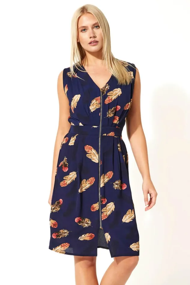 Navy Zip Through Feather Print Dress Women Roman Dresses