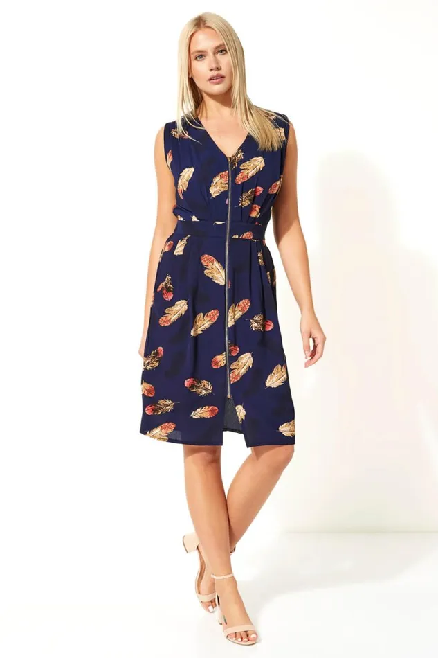 Navy Zip Through Feather Print Dress Women Roman Dresses