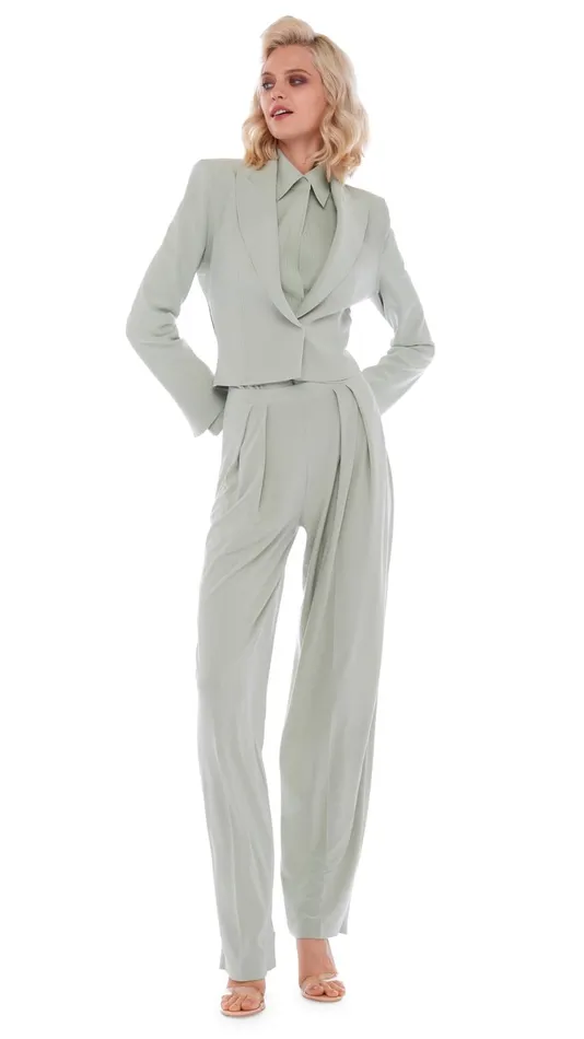 Norma Kamali Bottoms TAPERED PLEATED TROUSER Dried Sage 8211 Clothing
