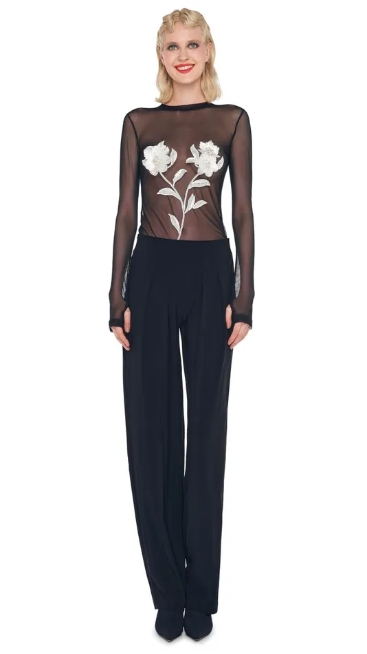 Norma Kamali Tops FLORAL EMBROIDERY TOP Blacksnow White 8211 Clothing