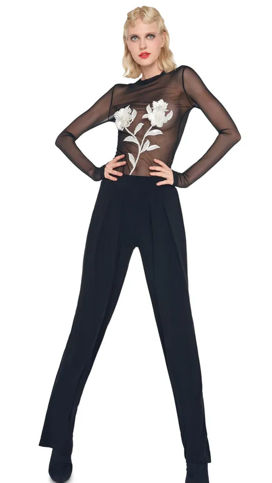 Norma Kamali Tops FLORAL EMBROIDERY TOP Blacksnow White 8211 Clothing