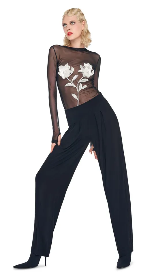 Norma Kamali Tops FLORAL EMBROIDERY TOP Blacksnow White 8211 Clothing
