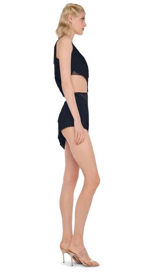 Norma Kamali Tops SPLICED ONE SHOULDER FRINGE TOP Black 8211 Clothing
