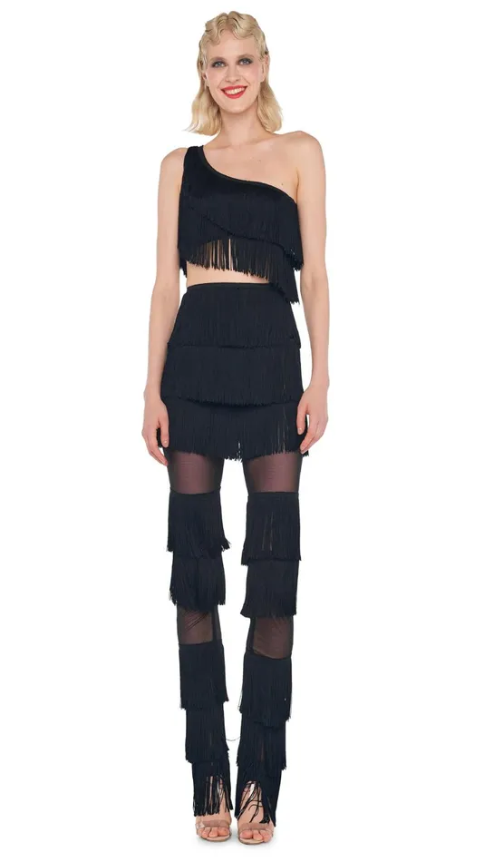 Norma Kamali Tops SPLICED ONE SHOULDER FRINGE TOP Black 8211 Clothing
