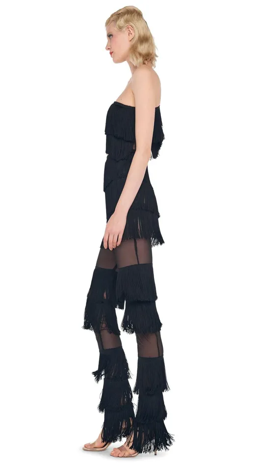 Norma Kamali Tops SPLICED ONE SHOULDER FRINGE TOP Black 8211 Clothing