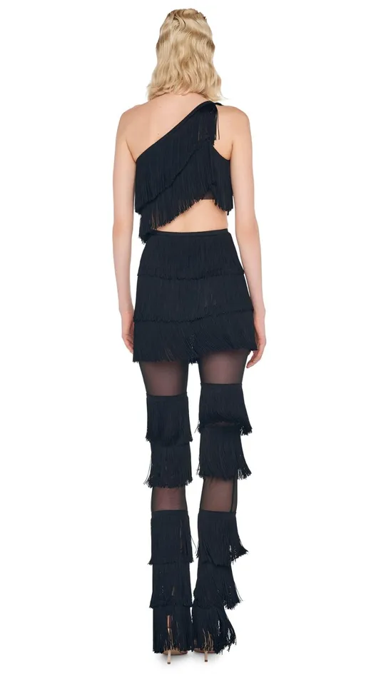 Norma Kamali Tops SPLICED ONE SHOULDER FRINGE TOP Black 8211 Clothing