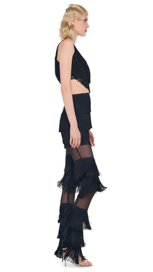 Norma Kamali Tops SPLICED ONE SHOULDER FRINGE TOP Black 8211 Clothing