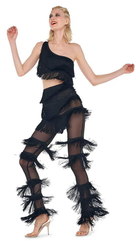 Norma Kamali Tops SPLICED ONE SHOULDER FRINGE TOP Black 8211 Clothing