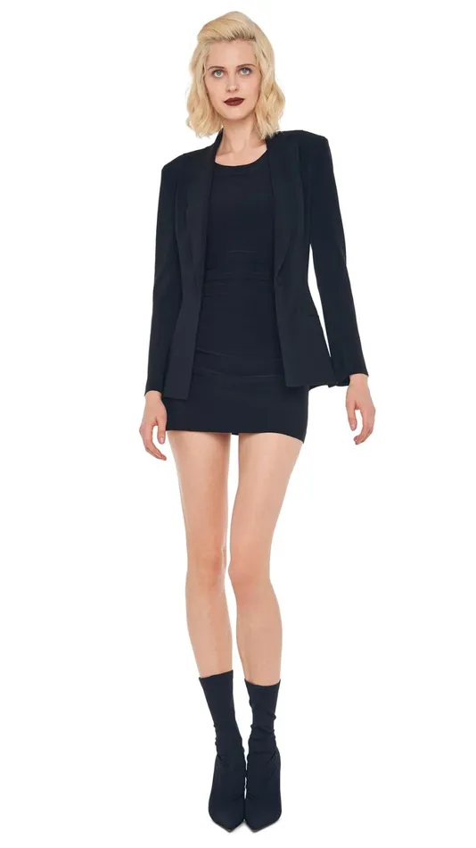 Norma Kamali Wardrobe SLEEVELESS PICKLEBALL MINI DRESS With SINGLE BREASTED BOY FIT JACKET 8211 Clothing Norma Kamali Wardrobe SLEEVELESS PICKLEBALL MINI DRESS With SINGLE BREASTED BOY FIT JACKET 8211 Clothing