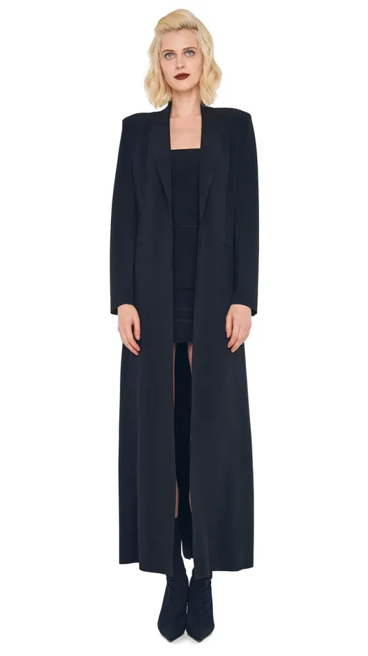 Norma Kamali Wardrobe STRAPLESS PICKLEBALL MINI DRESS With SINGLE BREASTED COAT 8211 Clothing Norma Kamali Wardrobe STRAPLESS PICKLEBALL MINI DRESS With SINGLE BREASTED COAT 8211 Clothing