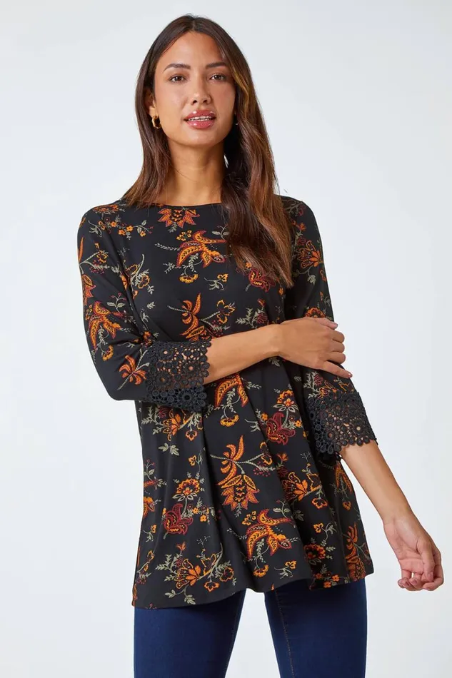 Ochre Paisley Print Lace Trim Stretch Top Women Roman Tops