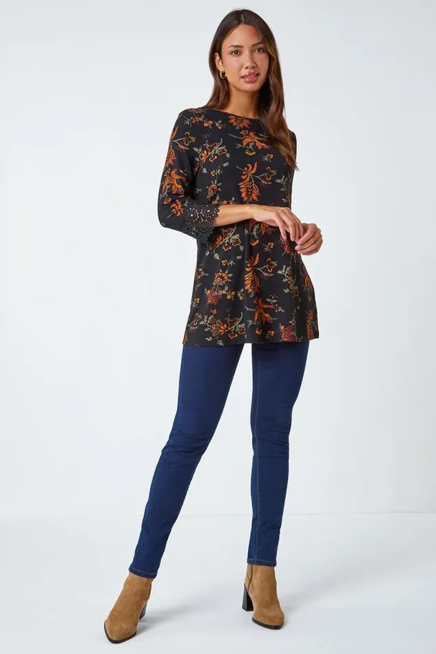 Ochre Paisley Print Lace Trim Stretch Top Women Roman Tops