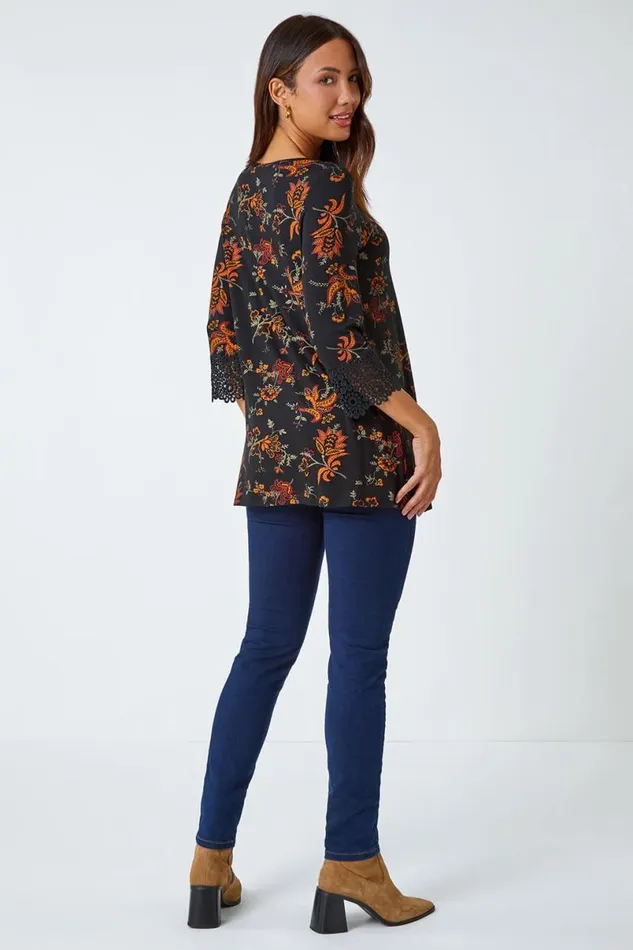 Ochre Paisley Print Lace Trim Stretch Top Women Roman Tops