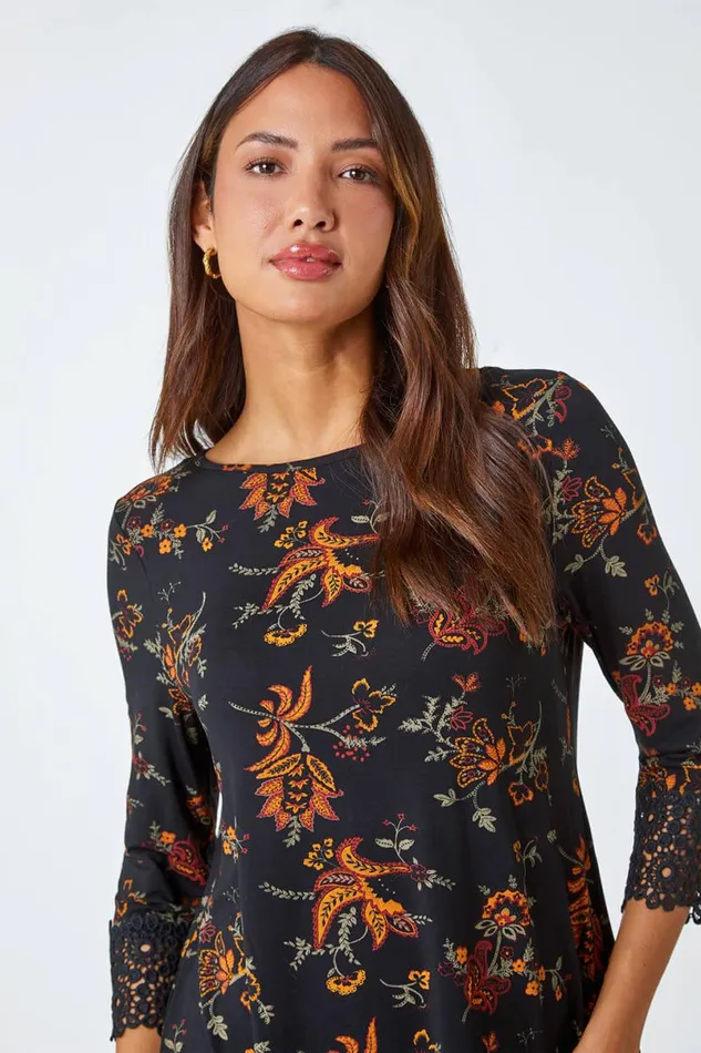 Ochre Paisley Print Lace Trim Stretch Top Women Roman Tops