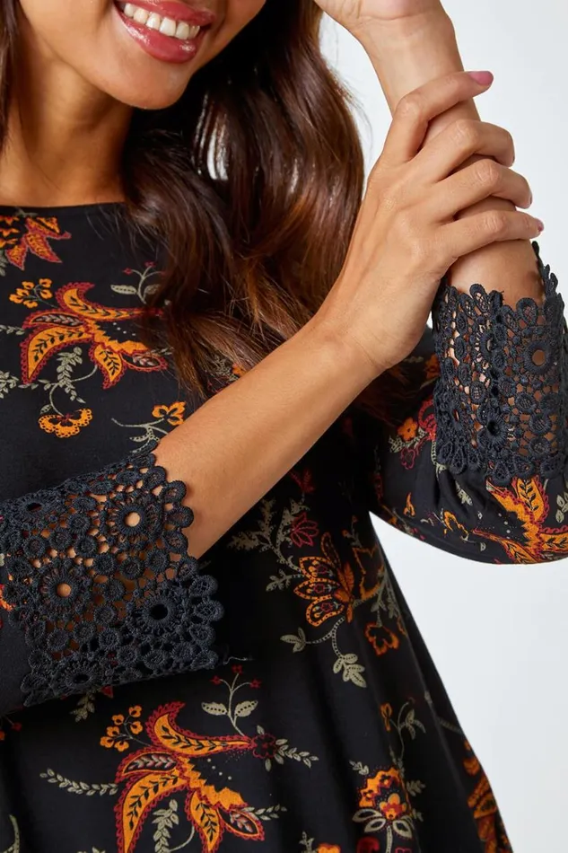 Ochre Paisley Print Lace Trim Stretch Top Women Roman Tops