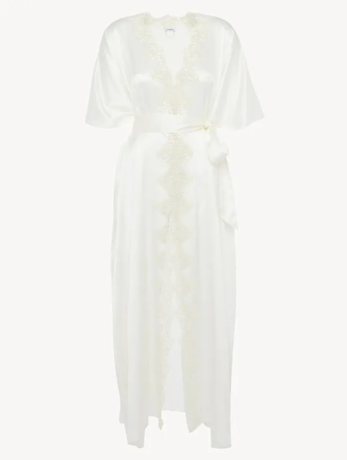 Offwhite Long Silk Robe With Macram Sleepwear La Perla Robes