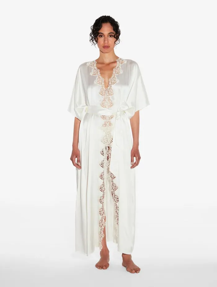 Offwhite Long Silk Robe With Macram Sleepwear La Perla Robes