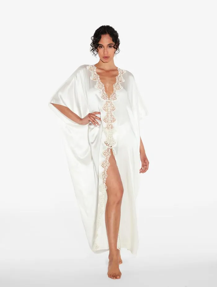 Offwhite Long Silk Robe With Macram Sleepwear La Perla Robes