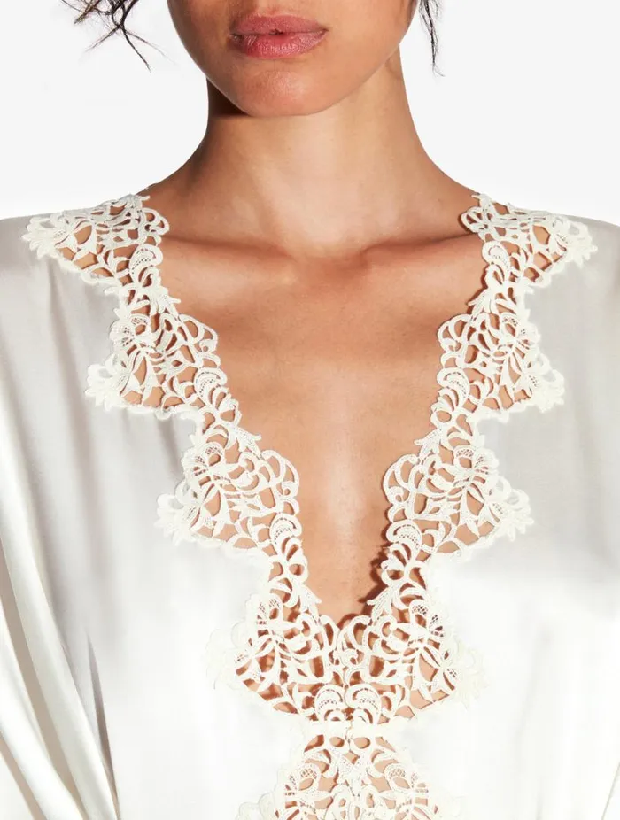 Offwhite Long Silk Robe With Macram Sleepwear La Perla Robes