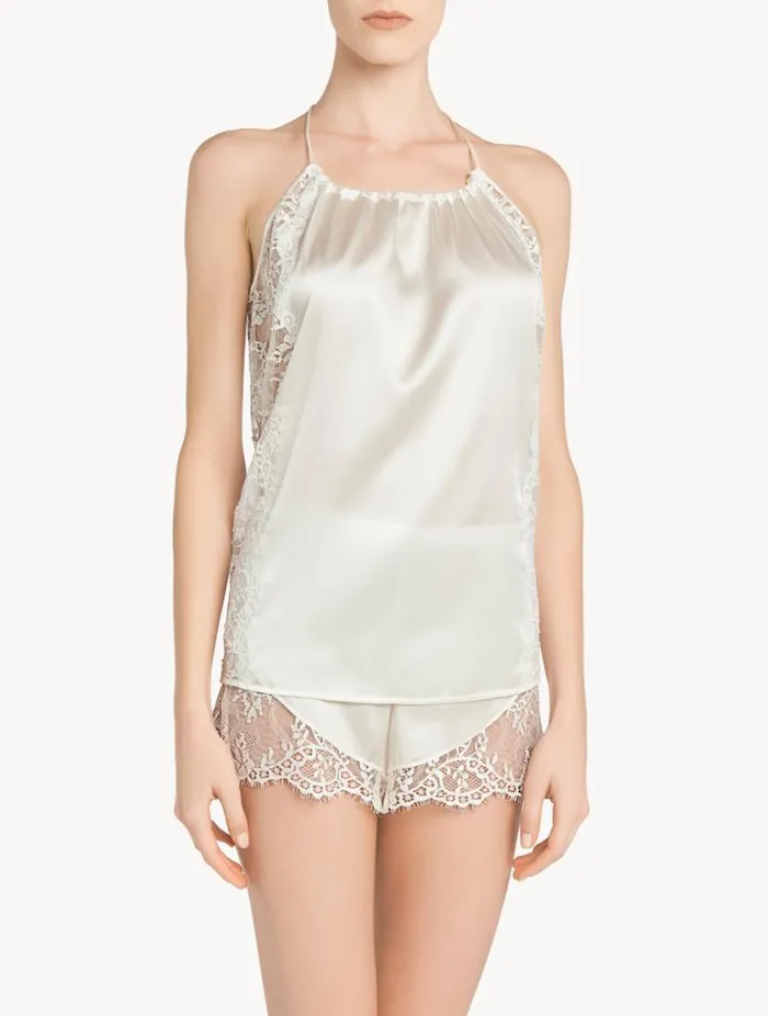 Offwhite Silk Pajama Shorts With Leavers Lace Trim Sleepwear La Perla Pajamas