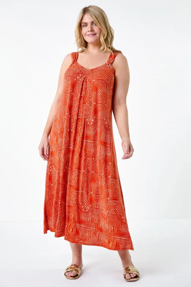 Orange Curve Abstract Ring Detail Midi Dress Women Roman Dresses