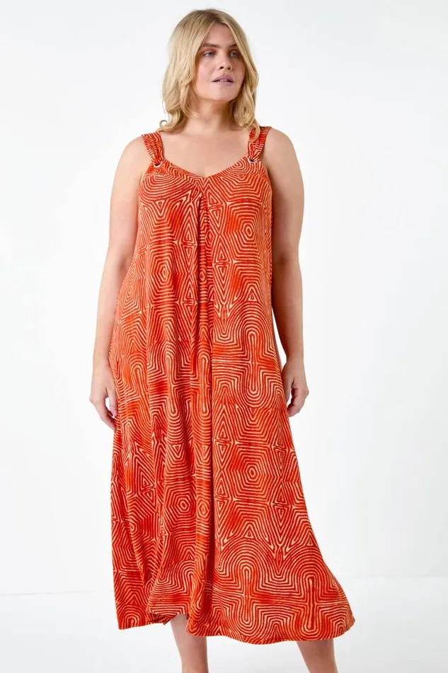 Orange Curve Abstract Ring Detail Midi Dress Women Roman Dresses