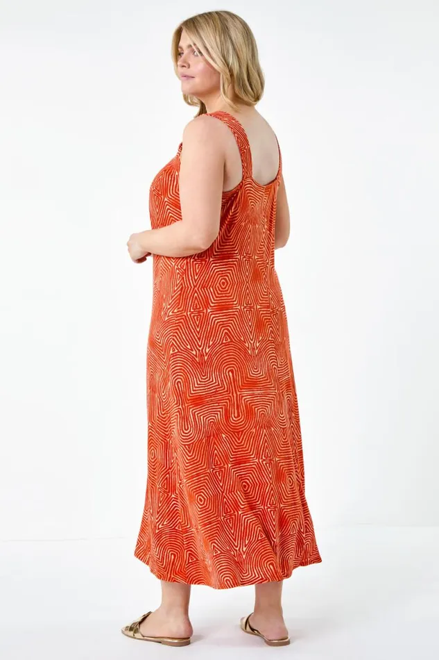 Orange Curve Abstract Ring Detail Midi Dress Women Roman Dresses
