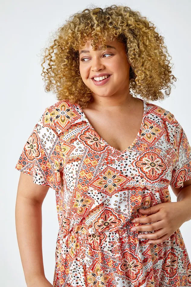 Orange Curve Geometric Print VNeck Stretch Top Women Roman Tops
