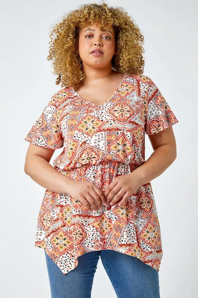 Orange Curve Geometric Print VNeck Stretch Top Women Roman Tops