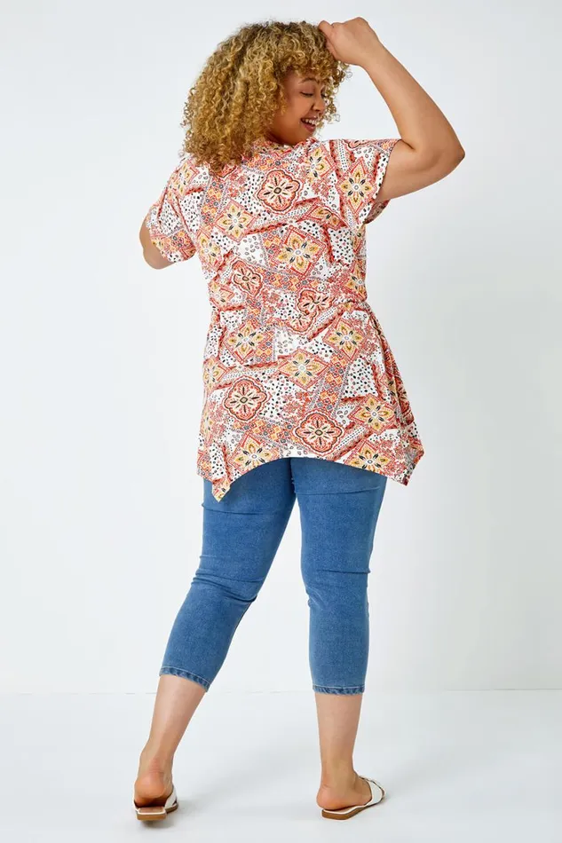 Orange Curve Geometric Print VNeck Stretch Top Women Roman Tops