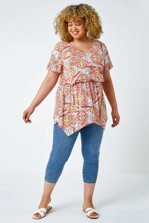 Orange Curve Geometric Print VNeck Stretch Top Women Roman Tops