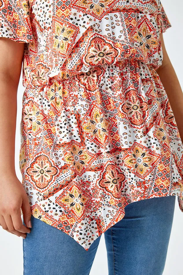 Orange Curve Geometric Print VNeck Stretch Top Women Roman Tops