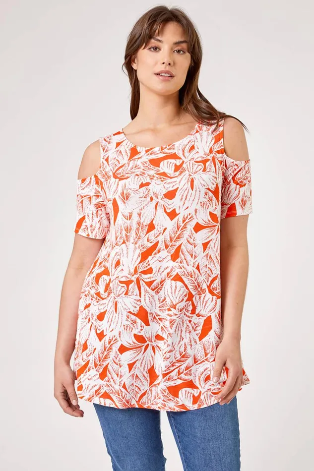 Orange Curve Leaf Print Cold Shoulder Jersey Top Women Roman Tops