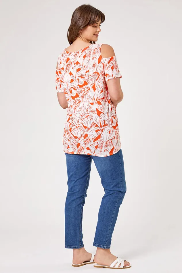 Orange Curve Leaf Print Cold Shoulder Jersey Top Women Roman Tops