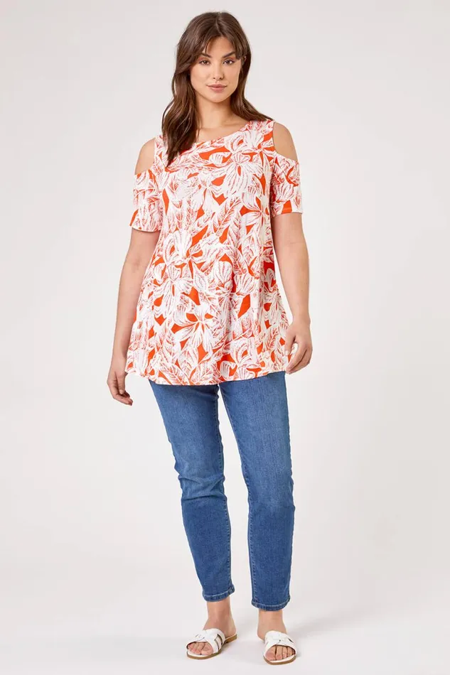 Orange Curve Leaf Print Cold Shoulder Jersey Top Women Roman Tops