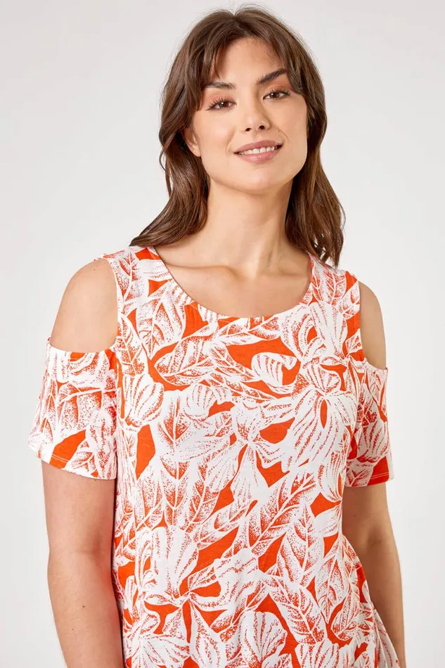 Orange Curve Leaf Print Cold Shoulder Jersey Top Women Roman Tops