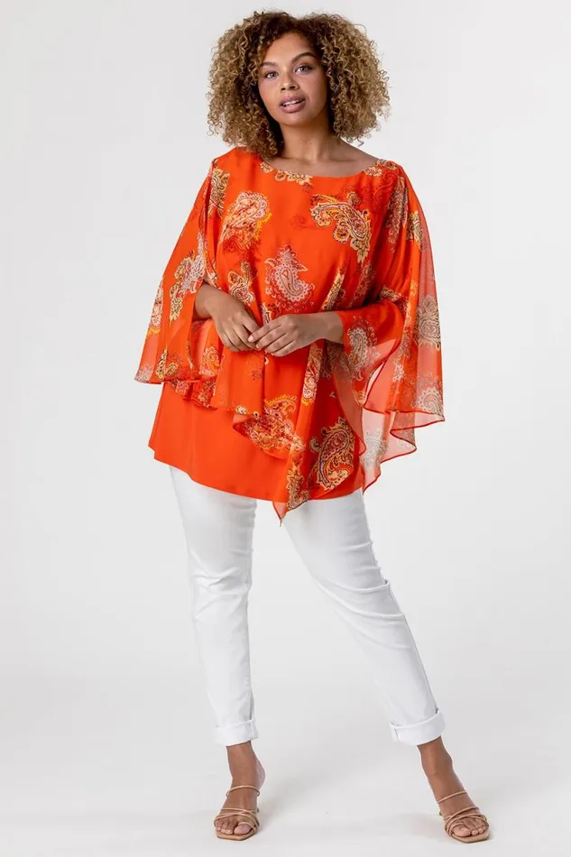Orange Curve Paisley Print Chiffon Top Women Roman Tops