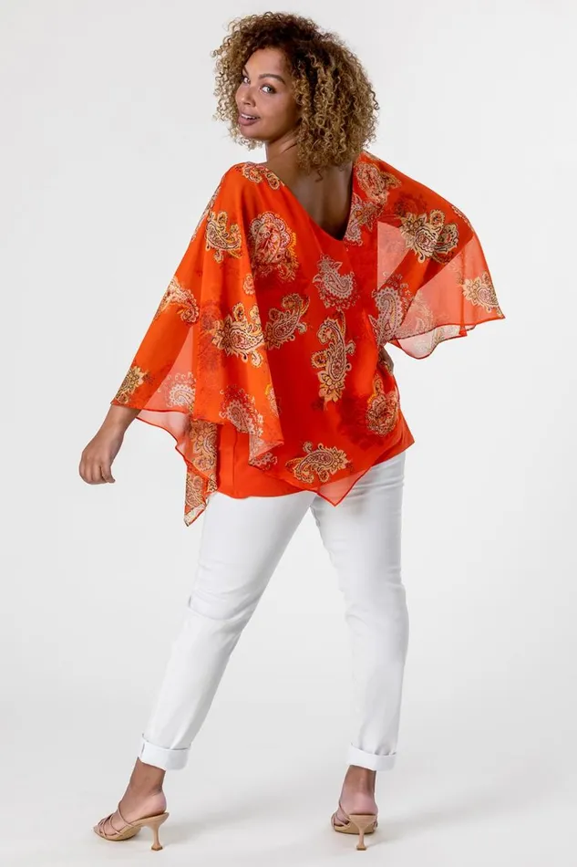 Orange Curve Paisley Print Chiffon Top Women Roman Tops