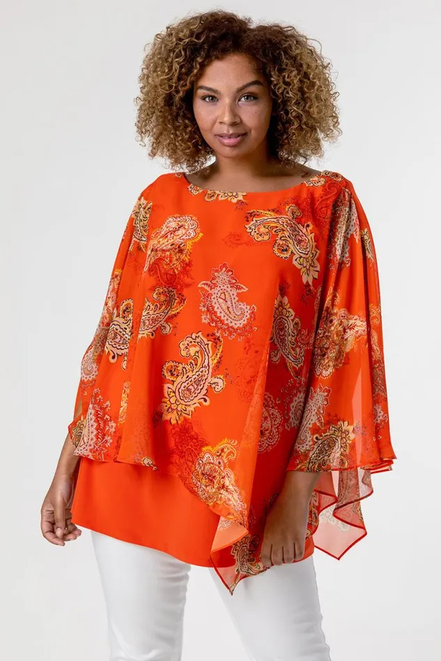 Orange Curve Paisley Print Chiffon Top Women Roman Tops