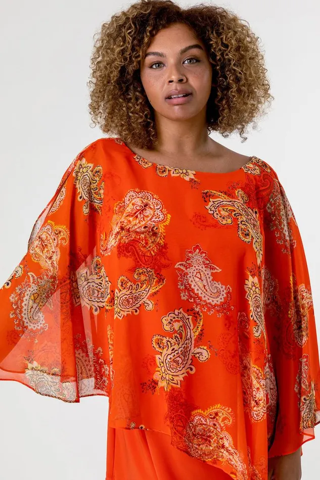 Orange Curve Paisley Print Chiffon Top Women Roman Tops