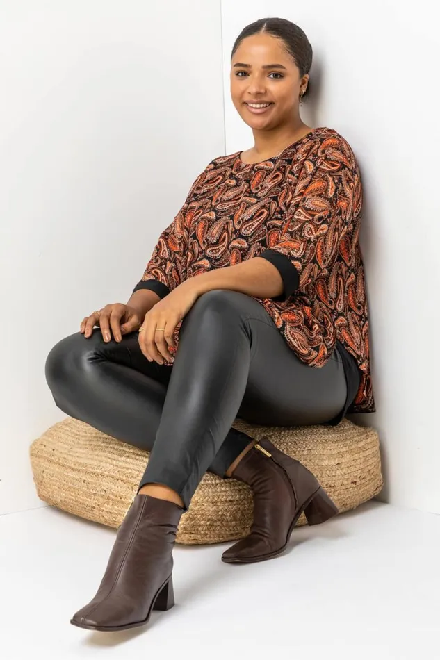 Orange Curve Paisley Print Chiffon Top Women Roman Tops