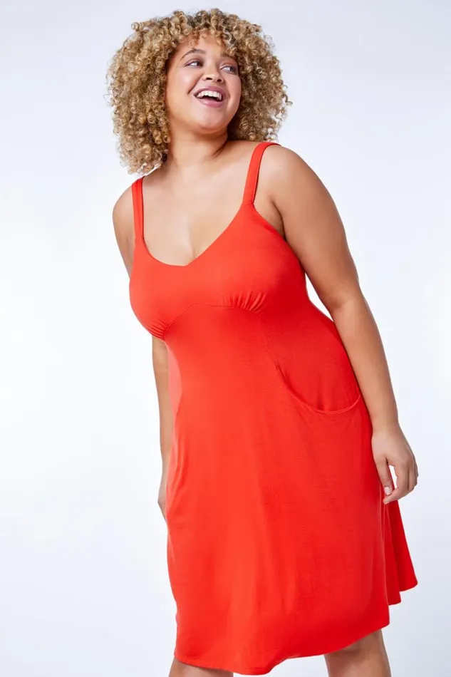 Orange Curve Strappy Pocket Sun Dress Women Roman Dresses