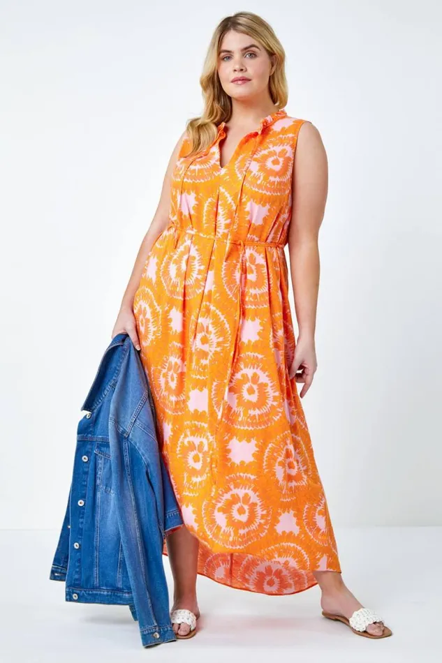 Orange Curve Tie Dye Print Tie Neck Midi Dress Women Roman Dresses