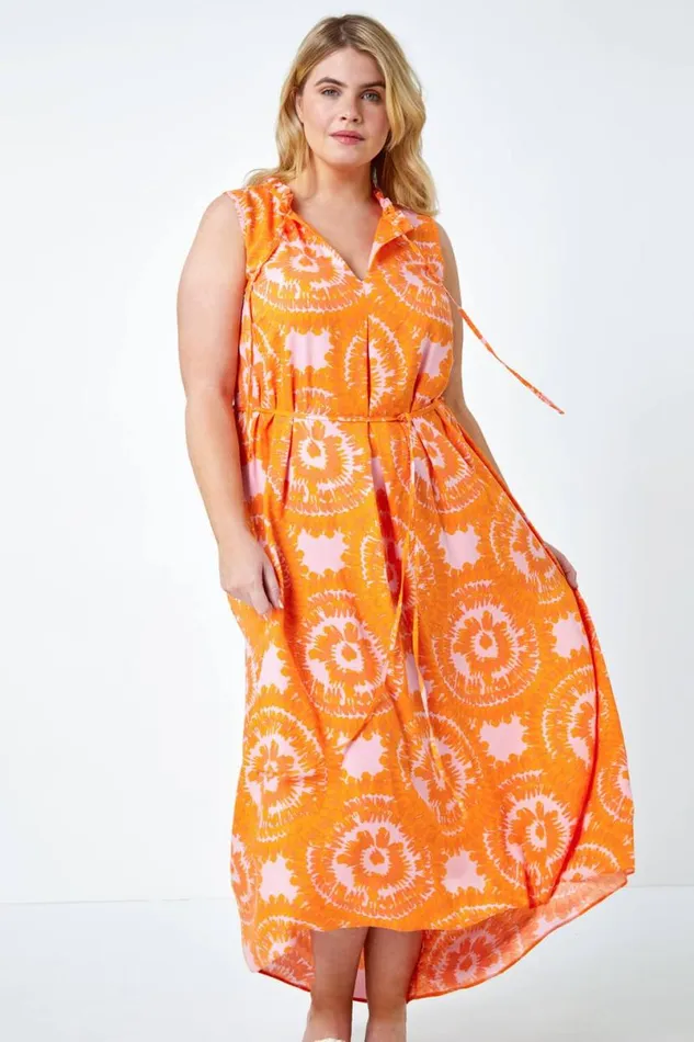 Orange Curve Tie Dye Print Tie Neck Midi Dress Women Roman Dresses