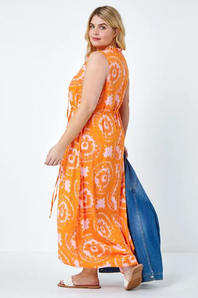 Orange Curve Tie Dye Print Tie Neck Midi Dress Women Roman Dresses