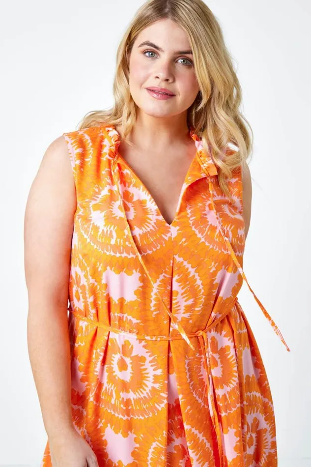 Orange Curve Tie Dye Print Tie Neck Midi Dress Women Roman Dresses