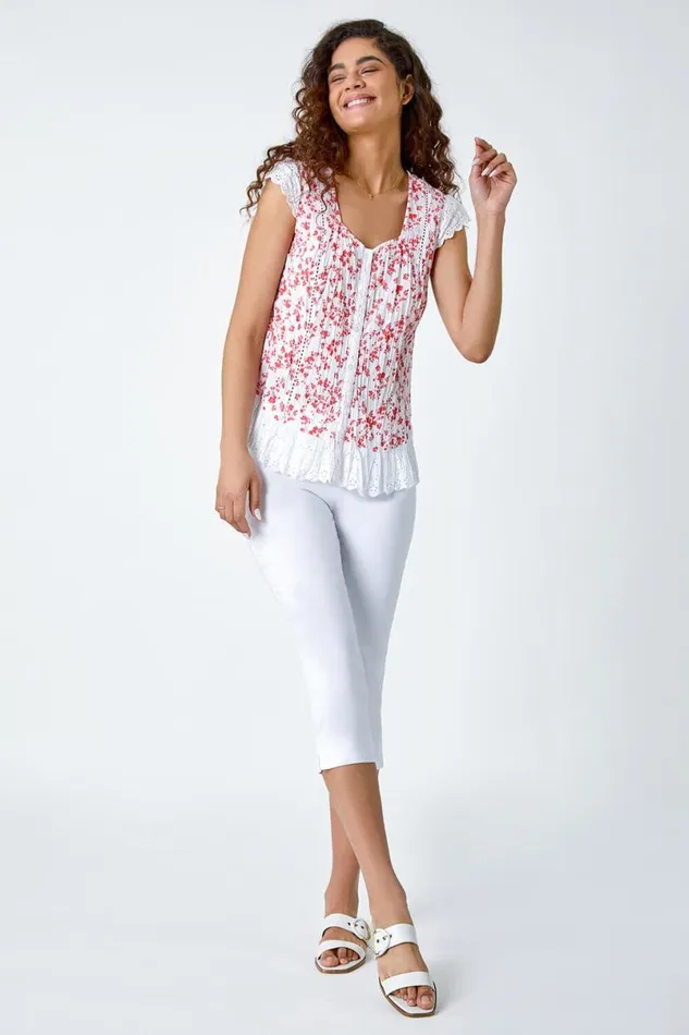 Orange Ditsy Lace Trim Cotton Blouse Women Roman Tops