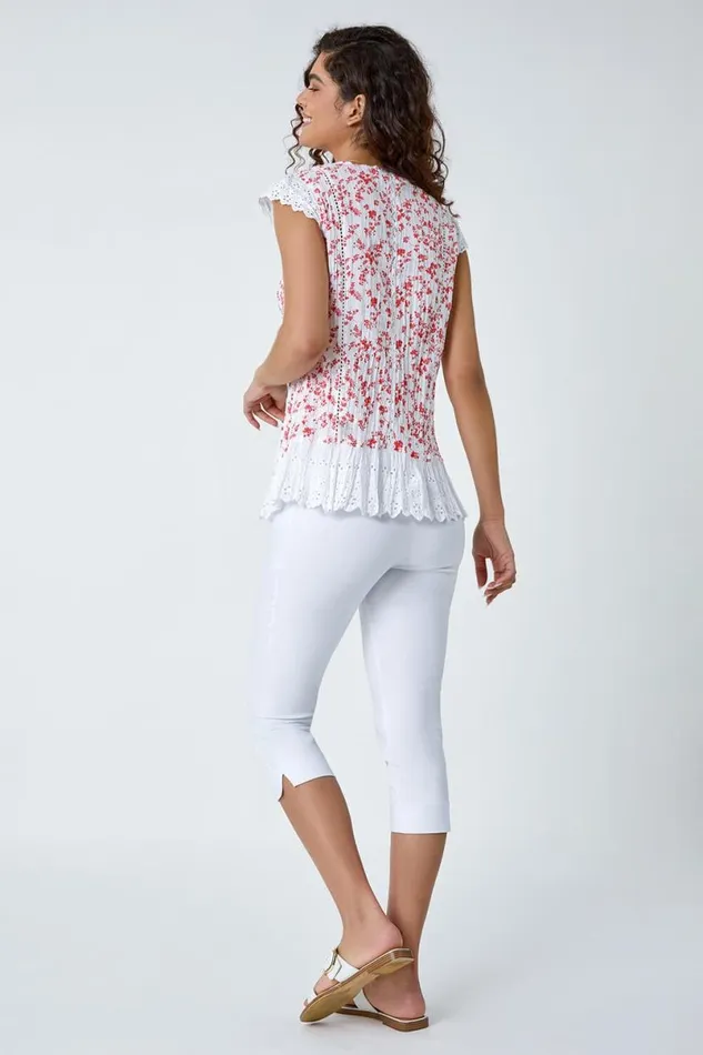 Orange Ditsy Lace Trim Cotton Blouse Women Roman Tops