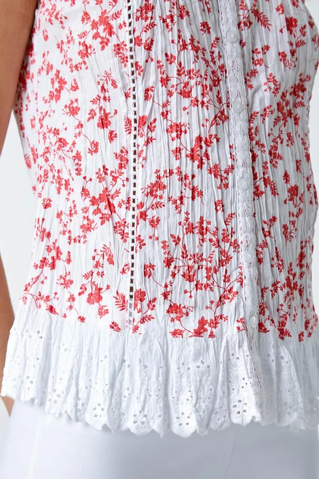 Orange Ditsy Lace Trim Cotton Blouse Women Roman Tops